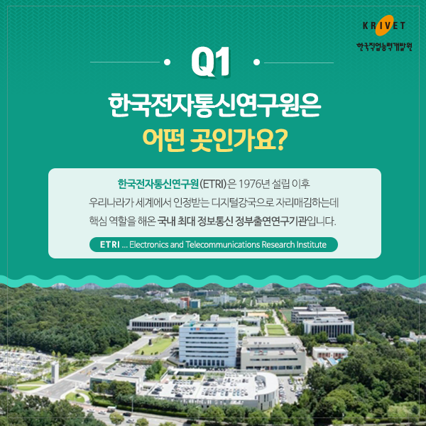 Q1.한국전자통신연구원은 어떤 곳인가요? > 한국전자통신연구원(ETRI)는 1976년 설립이후 우리나라가 세계에서 인정받는 디지털강국으로 자리매김하는데 핵심 역할을 해온 국내 최대 정보통신 정부출연기관입니다.